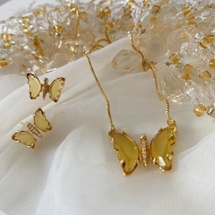 CONJ BORBOLETA CRISTAL ROSE FOLHEADO EM OURO 18 - CONJ041D