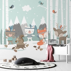 mural bosque animalitos osito ciervito zorrito ardilla mapache arboles nieve 