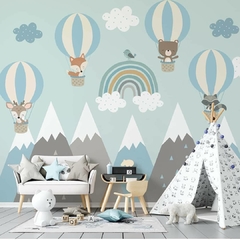 mural bosque animalitos osito ciervito zorrito ardilla mapache nieve montañas globos