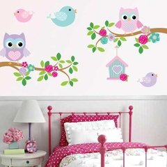 Vinilo Decorativo Kit Ramas Lechuzas Y Casita Rosa Pastel en internet