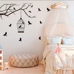 Vinilo Decorativo Rama Con Jaula Y Pajaritos Negro