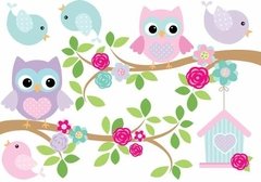 Vinilo Decorativo Kit Ramas Lechuzas Y Casita Rosa Pastel - comprar online