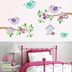 Kit De Vinilo Ramas Pajaritos Casita Lila Pastel