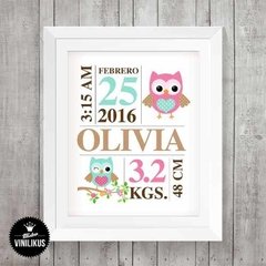 Lamina Imprimible Nacimiento Lechuzas Personalizada - Mister Vinilikus