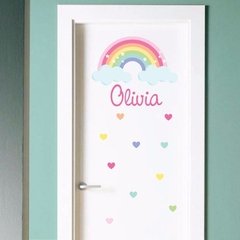 Vinilo De Puerta Arcoiris Lluvia De Corazones Con Tu Nombre