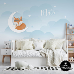 empapelado mural zorrito nubes luna cuarto infantil de bebe 