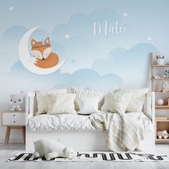 empapelado mural zorrito nubes luna cuarto infantil de bebe 