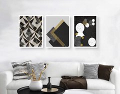 trio de quadros geometricos preto e dourado moldura branca