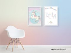 kit quadros infantil unicornio aquarela com moldura branca