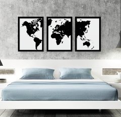 trio de quadros mapa mundi moldura preta