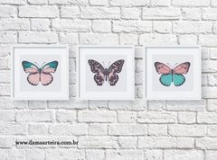 trio borboletas rosa e azul moldura branca