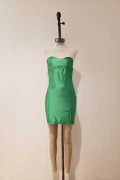 #8045 Vestido saten semi elastizado corset, cost tajo, cierre espalda "Fit"