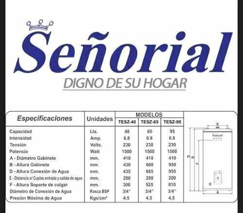 TERMOTANQUE ELECTRICO 95 LTS SEÑORIAL ZAFIRO en internet