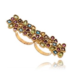 Mosaic double finger ring with mixed Brazilian gemstones and Gold plated