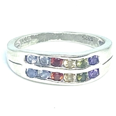 Anillo medio sin fin doble con cubics multicolor ondulado de plata nro. 14