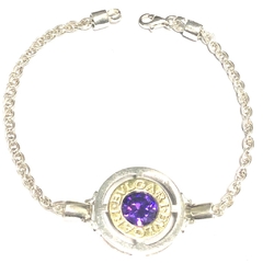 Pulsera cadena torzada de plata y oro y centro redondo con circon violeta 18 cm