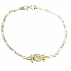 Pulsera plata y oro tres y uno con dije circulo con cubic transparente central