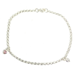 Pulsera de plata rolo de 3 mm con dos corazones cubic transparente y rosa 25 cm