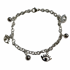 Pulsera de eslabon ovalado de acero blanco con bolitas y ojos turcos 18,5cm