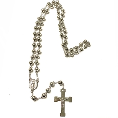 Rosario de acero de bolitas con virgen milagrosa y cruz con cristo 75 cm largo