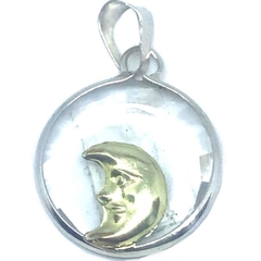 Dije luna de plata y oro con fondo de cristal transparente de 1,7 cm de diametro