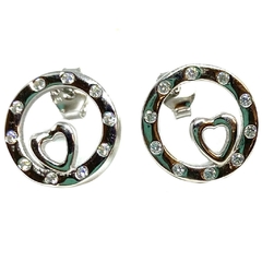 Aros circulos de plata rodinada con circones y corazon calado 1,3 cm de diametro - comprar online