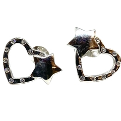 Aros corazones calados con cubics y estrella plata rodinada 1,1 cm alto - comprar online