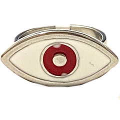Anillo ojo turco ovalado de acero esmaltado color blanco con centro rojo