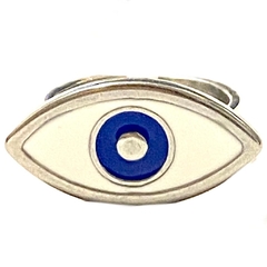Anillo ojo turco ovalado de acero esmaltado color blanco con centro azul