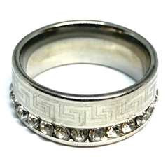 Anillo de acero sin fin de cubics transparentes y guarda griega labrada nro. 28