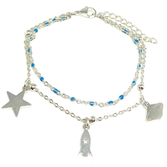 Pulsera doble acero blanco con bolitas esmaltadas y estrella, cohete y saturno