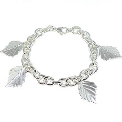 Pulsera eslabon ovalado acero blanco dijes con hojas 7 mm y 19,5 cm largo