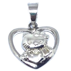 Dije Hello Kitty en relieve de plata rodinada en forma de corazon calado