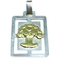 Dije rectangular arbol de la vida de plata y oro 2,2 cm alto x 1,3 cm ancho