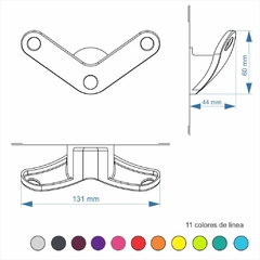 Dibujo de línea del del perchero de pared, con dimensiones y muestras de los 12 colores disponibles