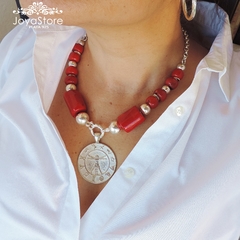 collar bolas de plata y coral rojo