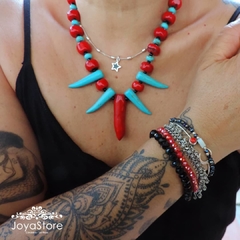 Collar Boho de Coral rojo y Piedra turquesa