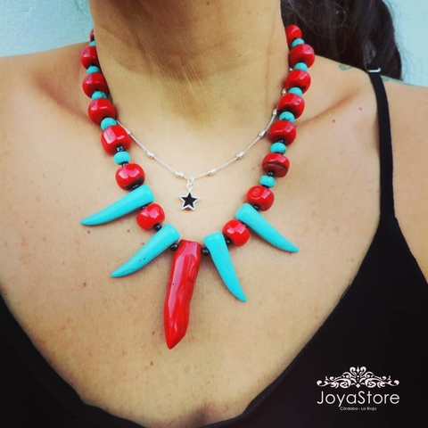 Collar Boho de Coral rojo y Piedra turquesa