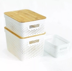 Canasto Organizador Caja Plástico Tapa Madera Extra Large