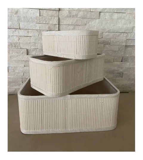 Set X 3 Canastos Cestos Bambu/tela Rectangular Organizador