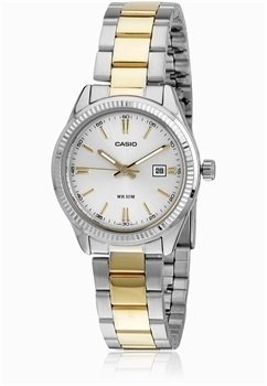 RELOJ CASIO DAMA CORREA EN ACERO INOXIDABLE COLOR PLATA Y DORADO  VISUALIZACION CONSTANTE SENCILLA IDEAL PARA CUALQUIER OCASION LTP-1308SG-7A