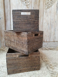 RRR051- Set de 3 cestos rectangulares de ratan Lombock NATURAL