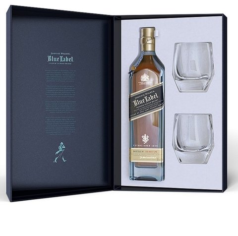 JOHNNIE WALKER BLUE LABEL EN ESTUCHE CON 2 VASOS