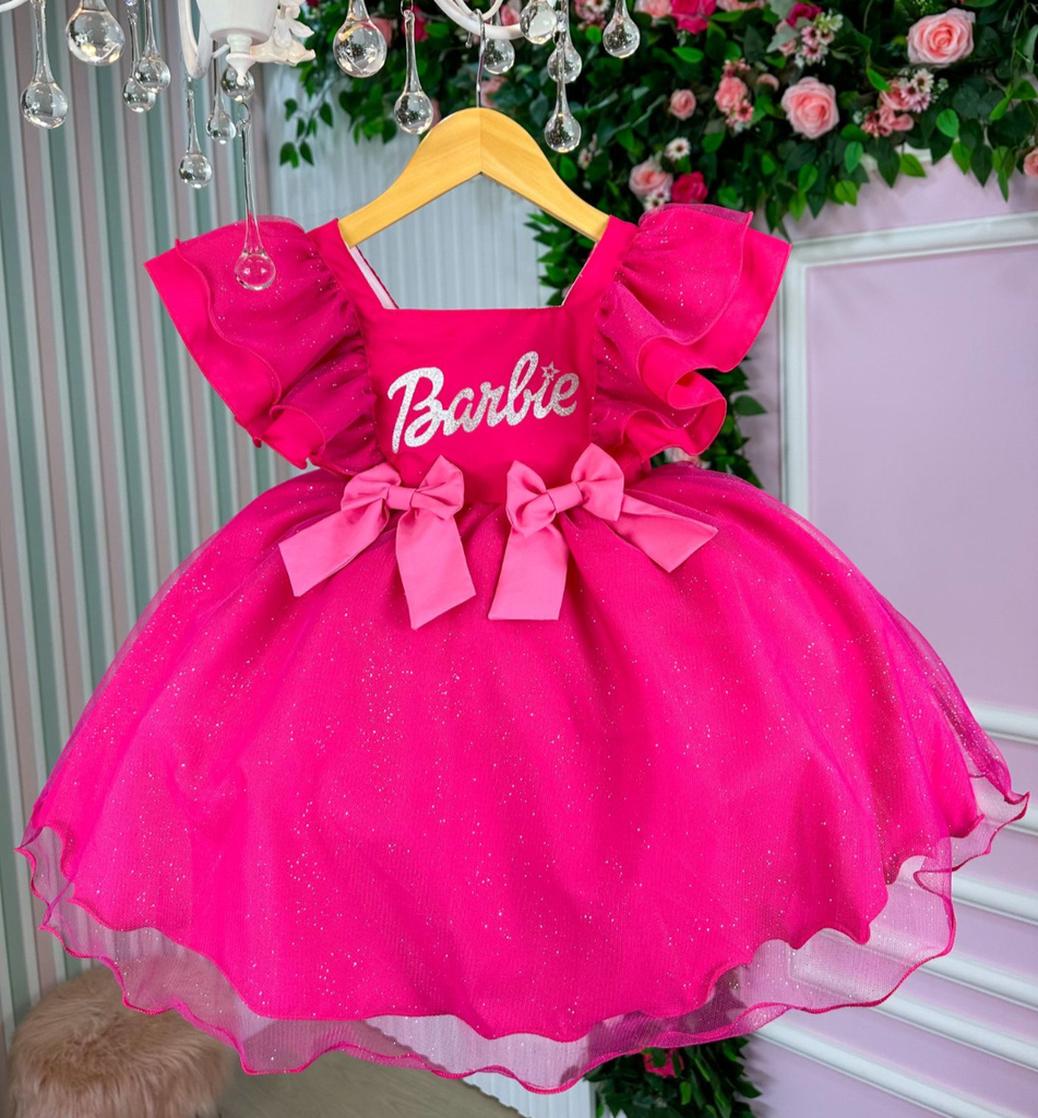 Vestido Infantil Princesa Barbie Com Laço e Glitter
