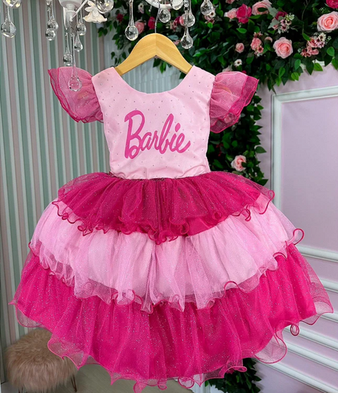 Vestido Infantil Barbie Rosa Brilho e Saia de Tule