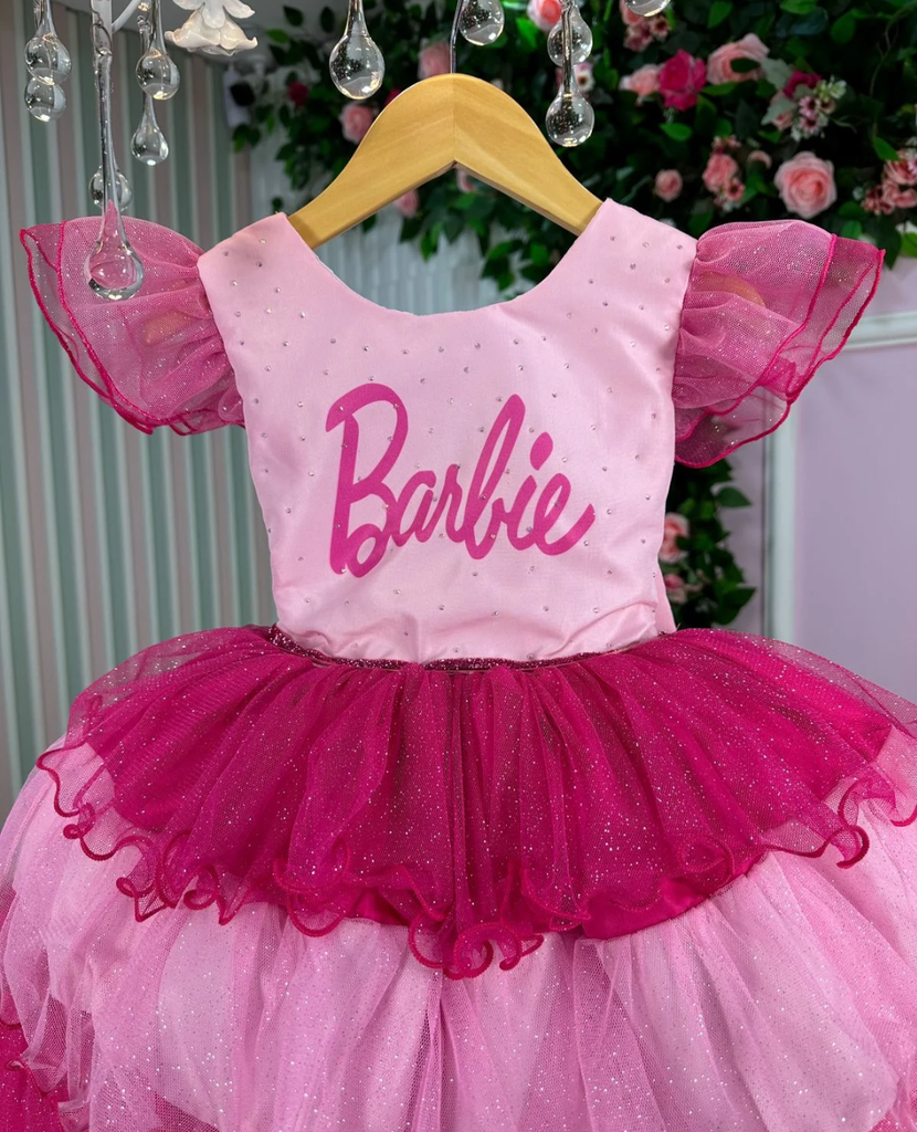 Vestido Infantil Barbie Saia Rosa de Tule Com Glitter