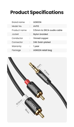 Ugreen-rca cabo de áudio estéreo hifi 2rca para 3.5mm, conector de entrada aux e saída jack 3.5, adaptador, amplificador de som, home theater, cinema em casa na internet