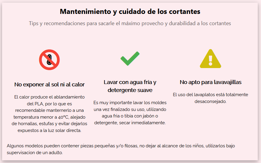 No exponer al sol ni al calor, Lavar con agua fría y detergente suave, No apto para lavavajillas  El uso del lavaplatos está totalmente desaconsejado.