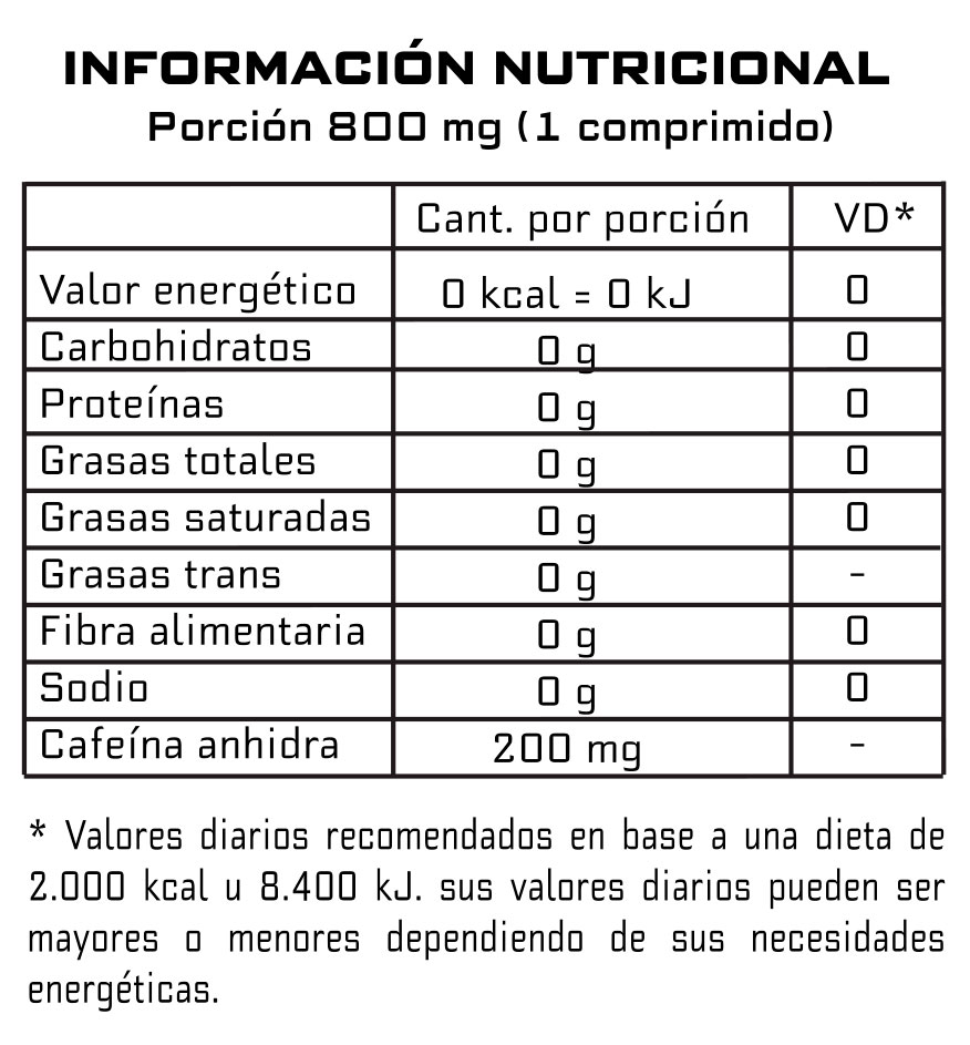 CAFEÍNA ANHYDROUS (90comp) - BODY ADVANCE INFORMACIÓN NUTRICIONAL