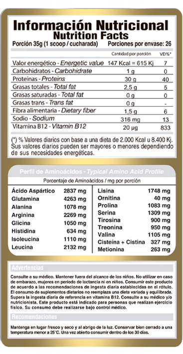 VEGETAL PROTEIN ISOLATE - NUEVA FÓRMULA SIN SOJA (2lb) - GOLD NUTRITION - INFORMACIÓN NUTRICIONAL